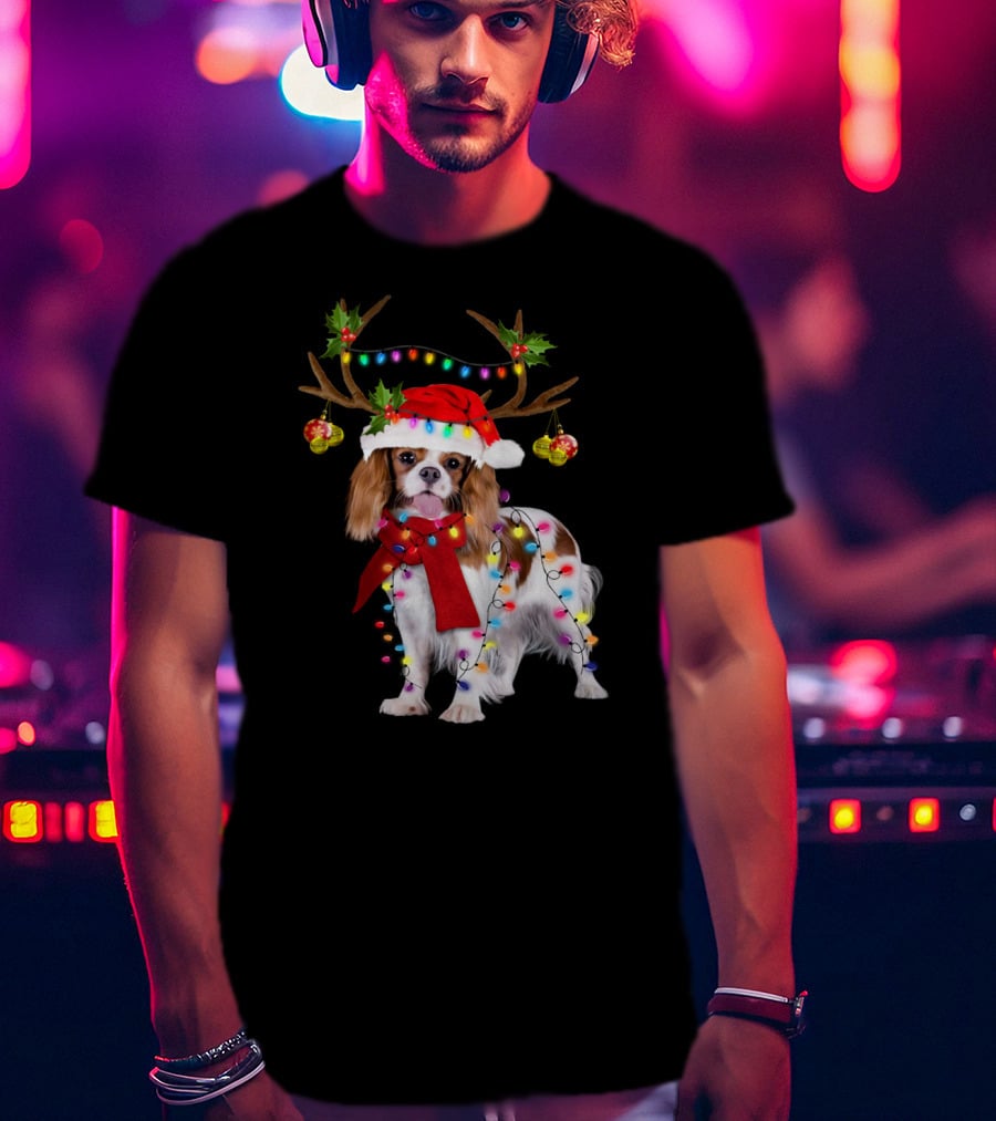 Cavalier King Charles Spaniel Christmas Reindeer Lights T-Shirt
