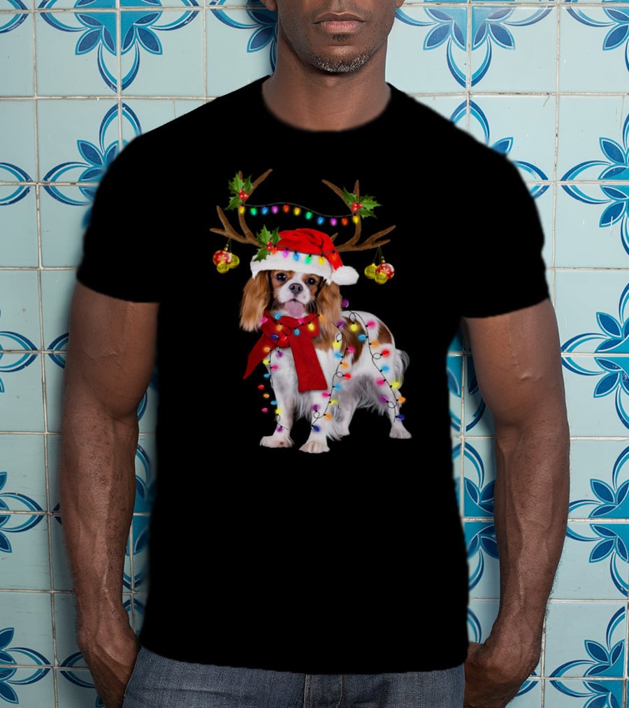 Cavalier King Charles Spaniel Christmas Reindeer Lights T-Shirt