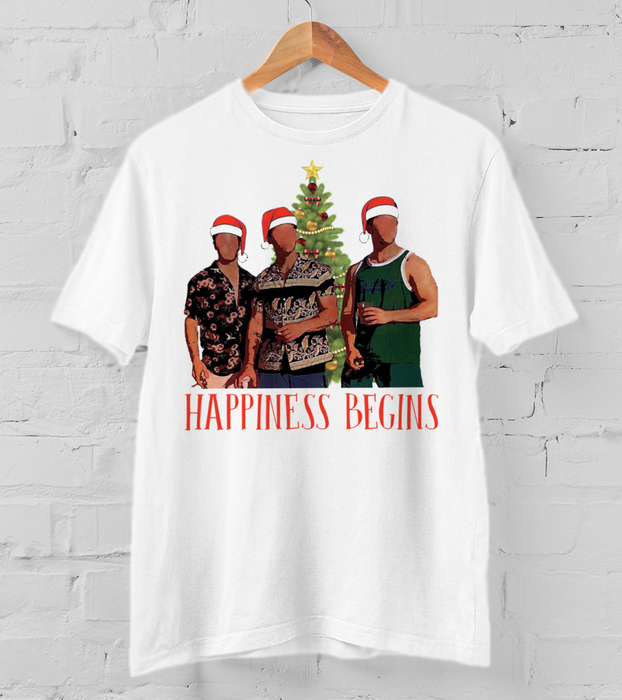 Happiness Begins Santa Trio With Christmas Tree T-Shirt