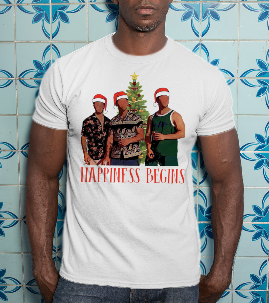 Happiness Begins Santa Trio With Christmas Tree T-Shirt