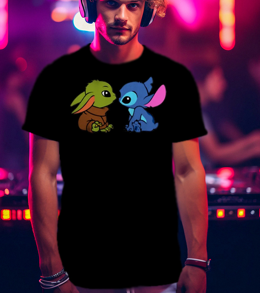 Baby Yoda And Baby Stitch Cute Characters Crossover T-Shirt