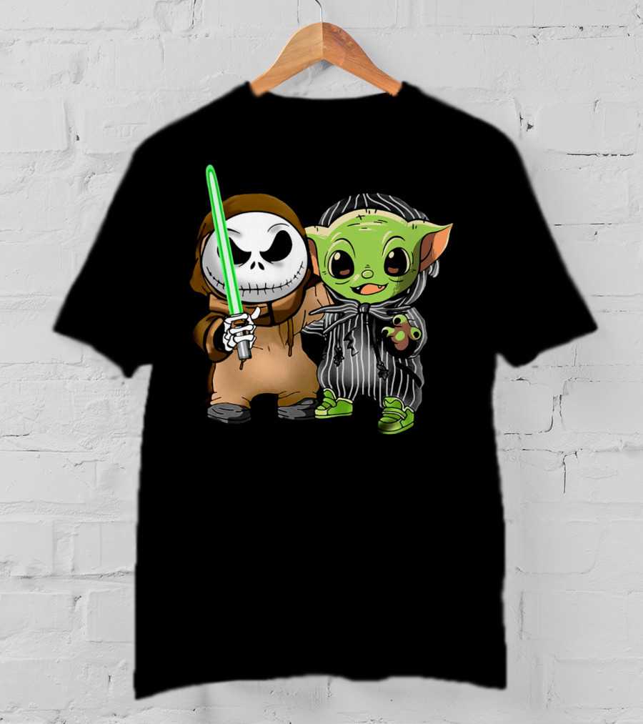 Jack Skellington In Jedi Robe And Baby Yoda In Striped Suit With Lightsaber T-Shirt