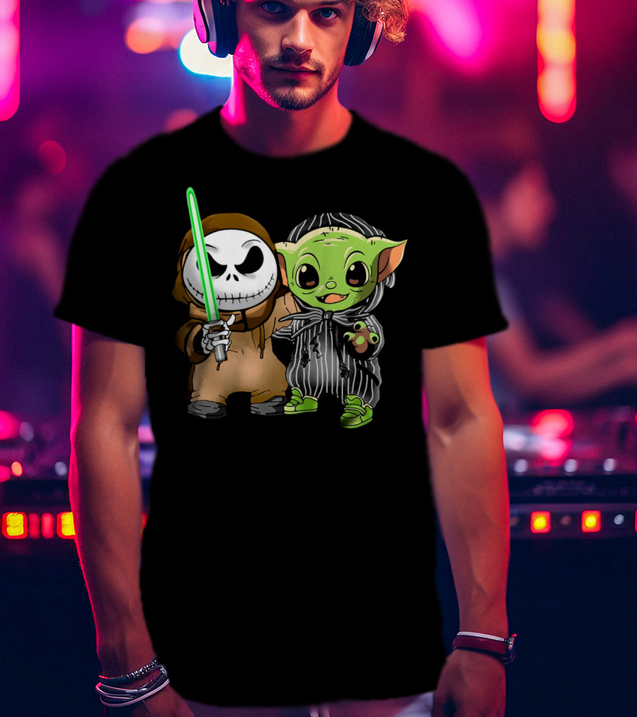 Jack Skellington In Jedi Robe And Baby Yoda In Striped Suit With Lightsaber T-Shirt