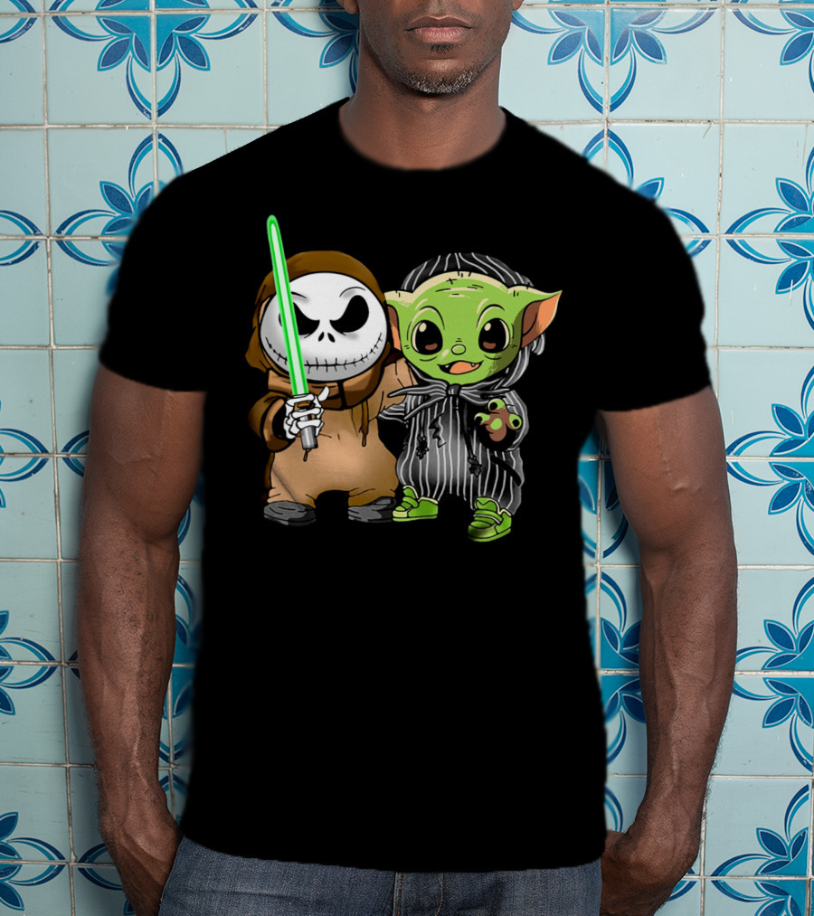 Jack Skellington In Jedi Robe And Baby Yoda In Striped Suit With Lightsaber T-Shirt