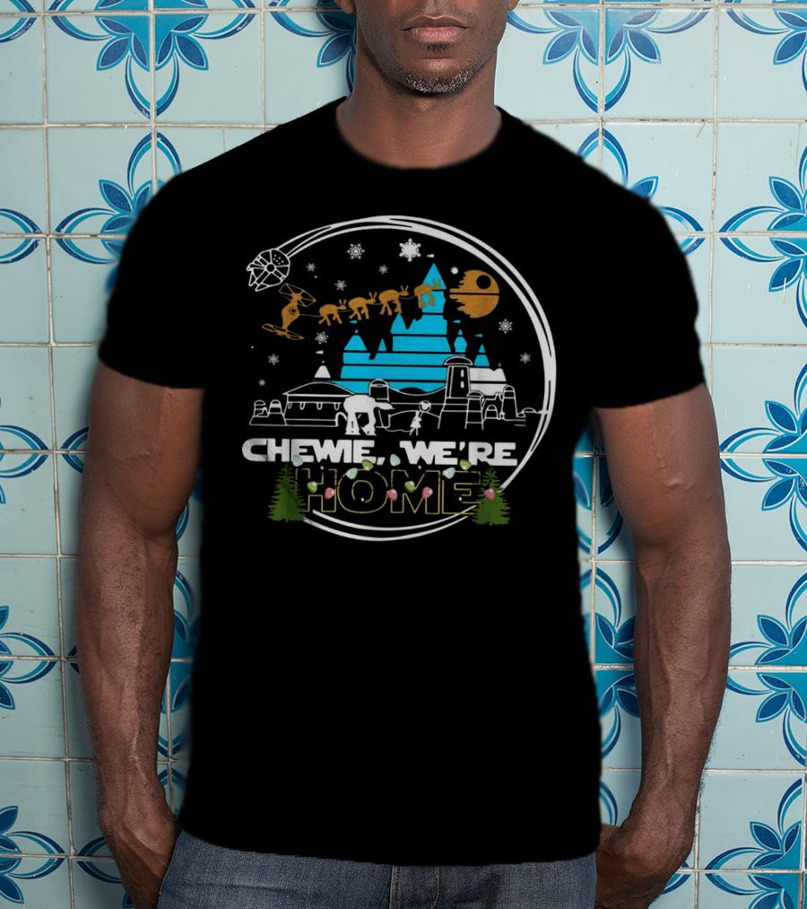 Disney Star Wars Chewie We're Home Snowflake Millennium Falcon Christmas Trees T-Shirt