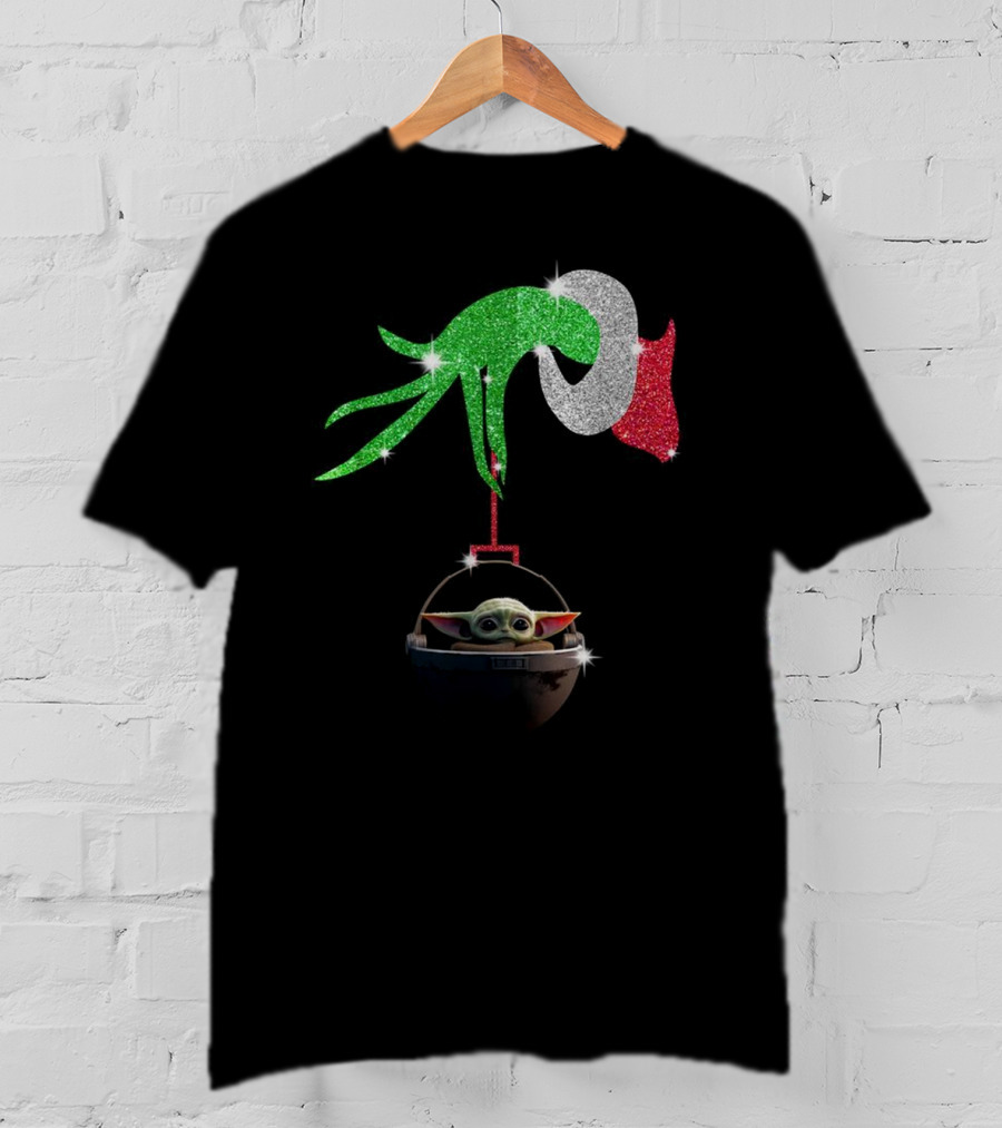 Grinch Glitter Hand Holding Baby Yoda T-Shirt