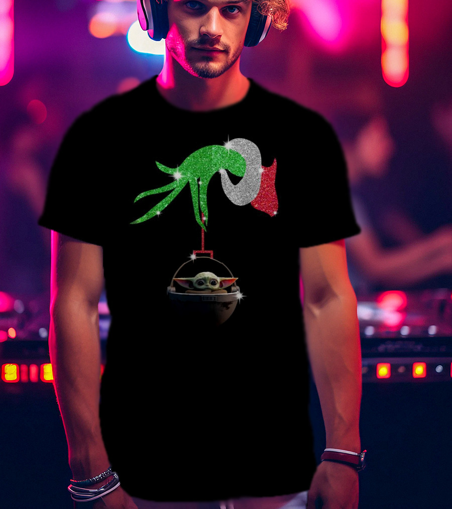 Grinch Glitter Hand Holding Baby Yoda T-Shirt