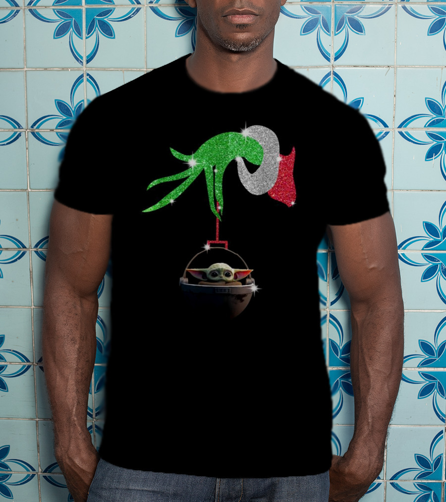 Grinch Glitter Hand Holding Baby Yoda T-Shirt