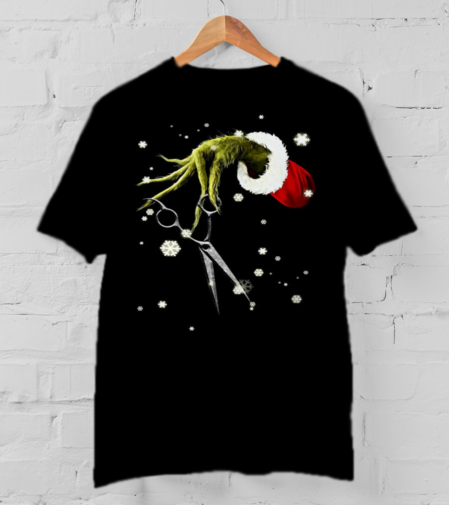 Grinch Hand Holding Scissors Santa Hat Snowflakes T-Shirt