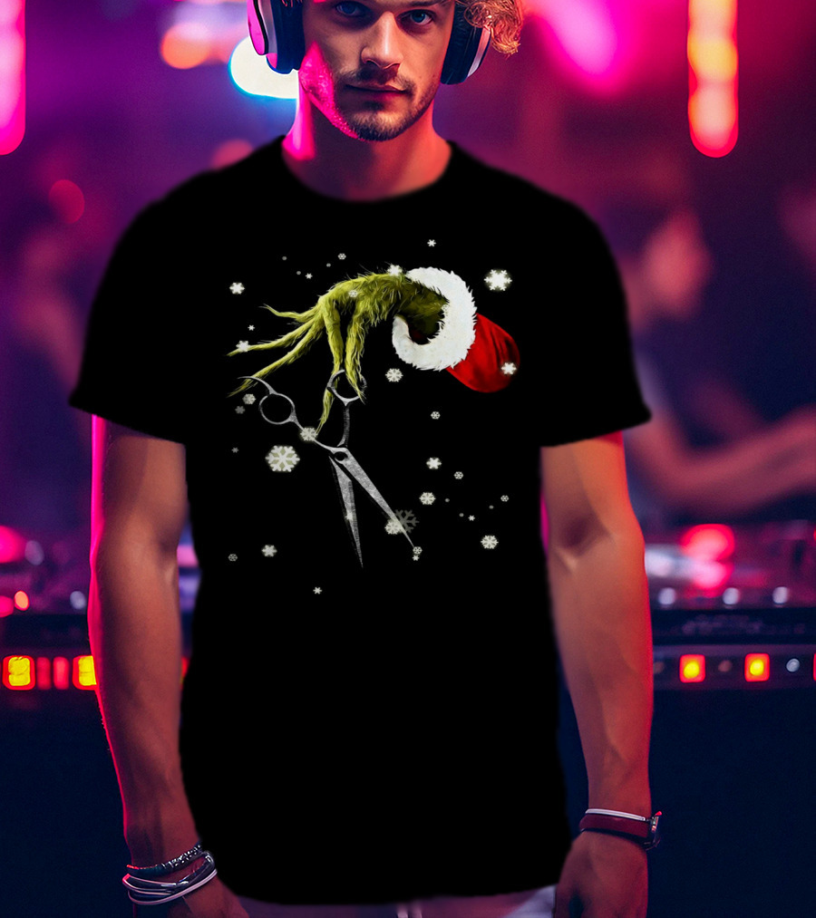 Grinch Hand Holding Scissors Santa Hat Snowflakes T-Shirt