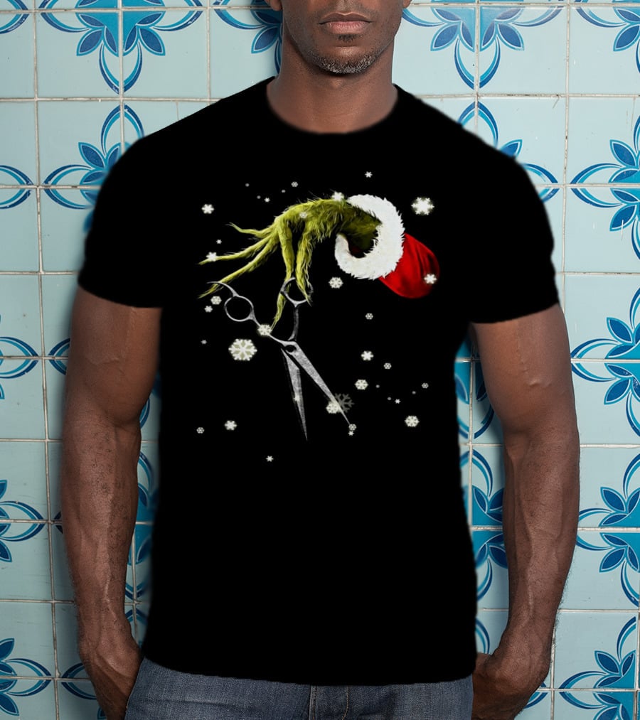 Grinch Hand Holding Scissors Santa Hat Snowflakes T-Shirt