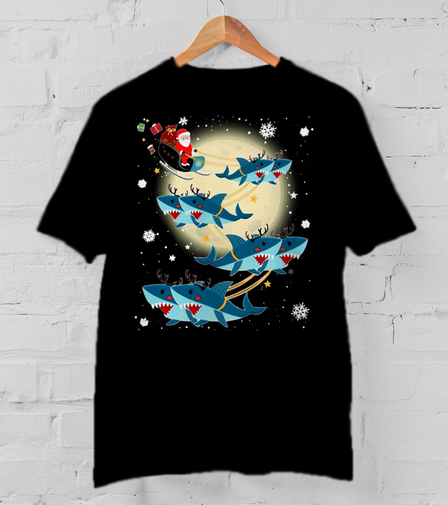 Santa Claus Riding Shark Reindeer Full Moon Snowflakes T-Shirt