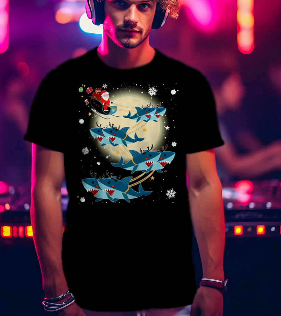 Santa Claus Riding Shark Reindeer Full Moon Snowflakes T-Shirt