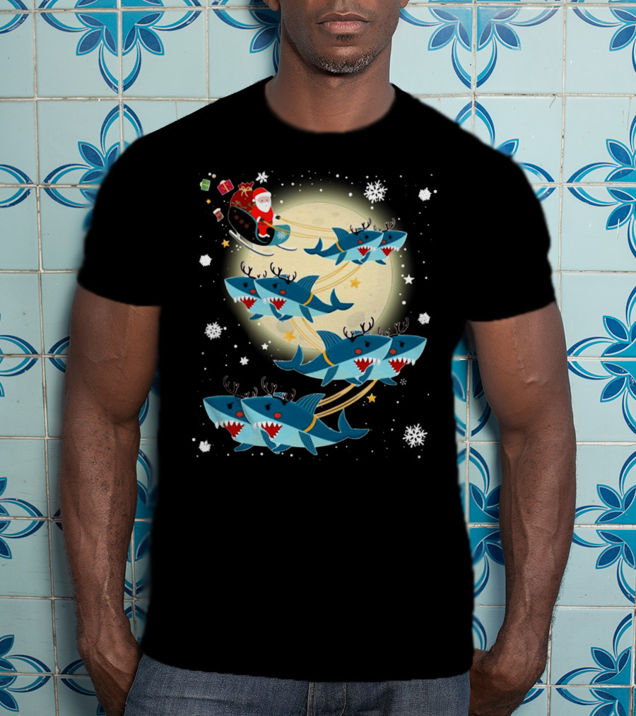 Santa Claus Riding Shark Reindeer Full Moon Snowflakes T-Shirt