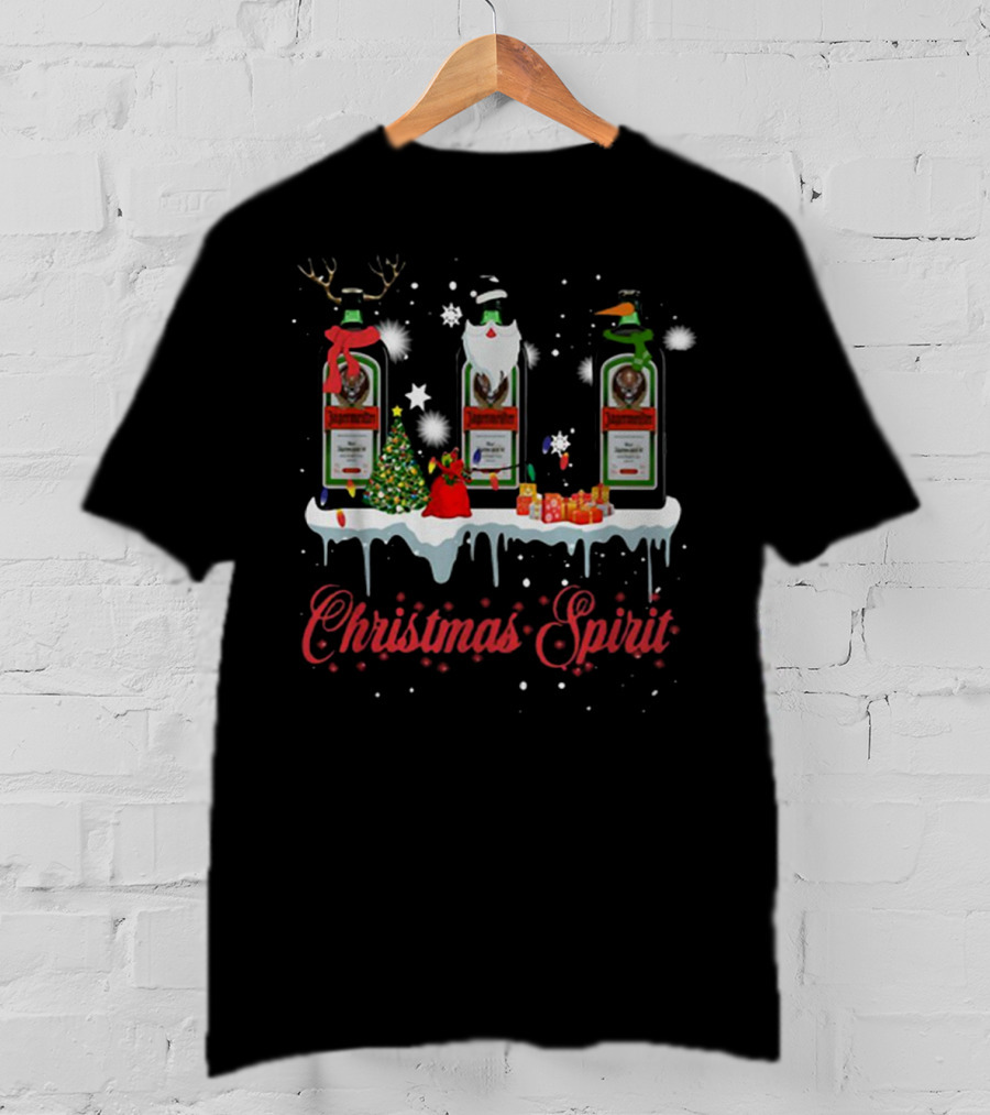 Christmas Spirit Jagermeister Bottles With Holiday Decorations And Snowflakes T-Shirt