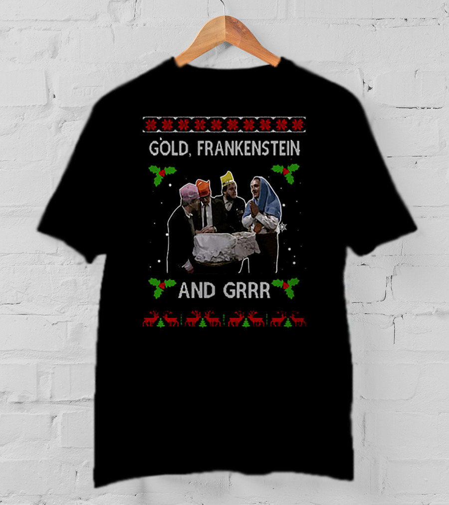 Gold Frankenstein And Grrr Christmas Nativity Scene T-Shirt