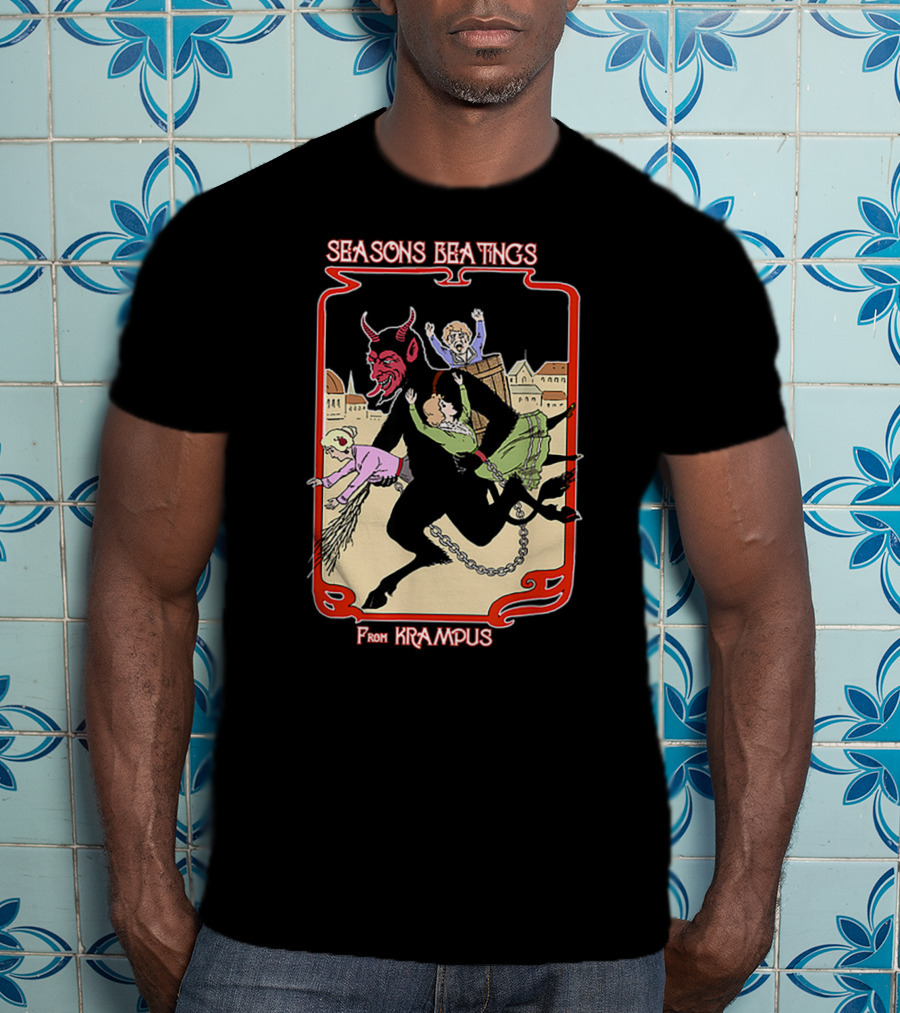 Seasons Beatings From Krampus With Festive Cityscape And Naughty Children T-Shirt