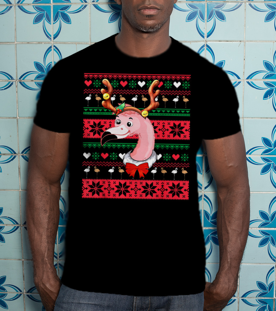 Santa Flamingo Reindeer Ugly Christmas T-Shirt