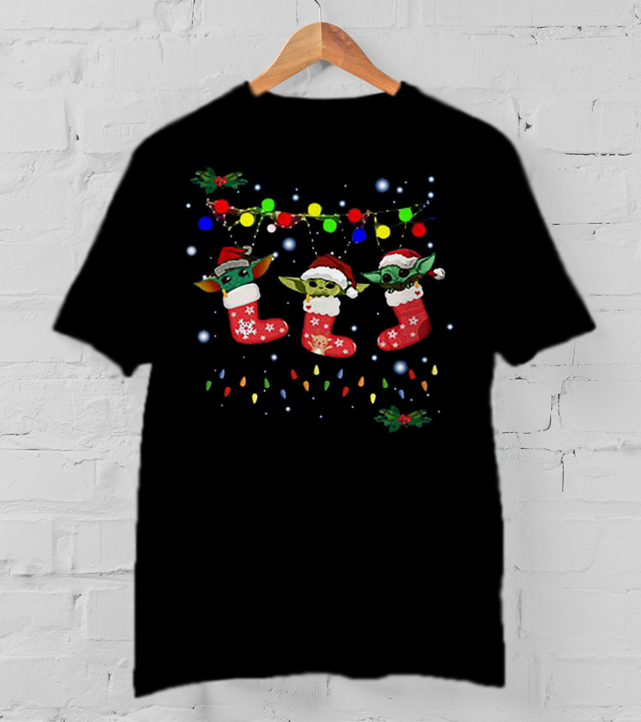 In Stock Light Christmas Baby Yoda Santa Stockings Multicolored Lights T-Shirt