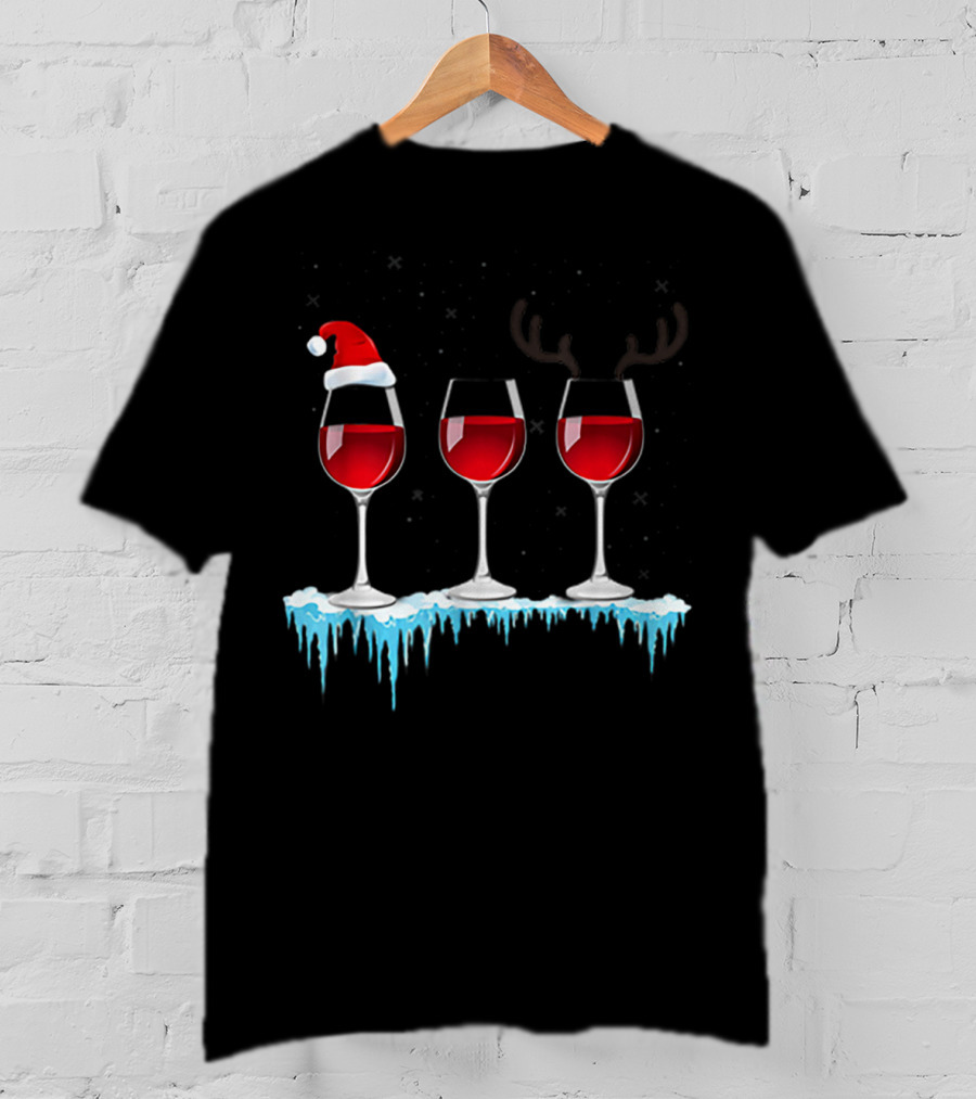Red Wine Three Glasses Santa Hat Antlers Snow Holiday T-Shirt