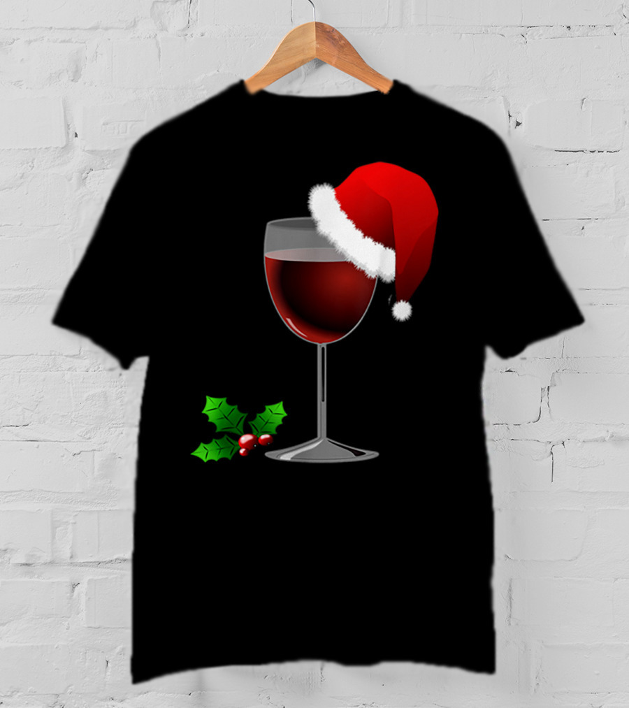 Wine Christmas Santa Hat Holly T-Shirt