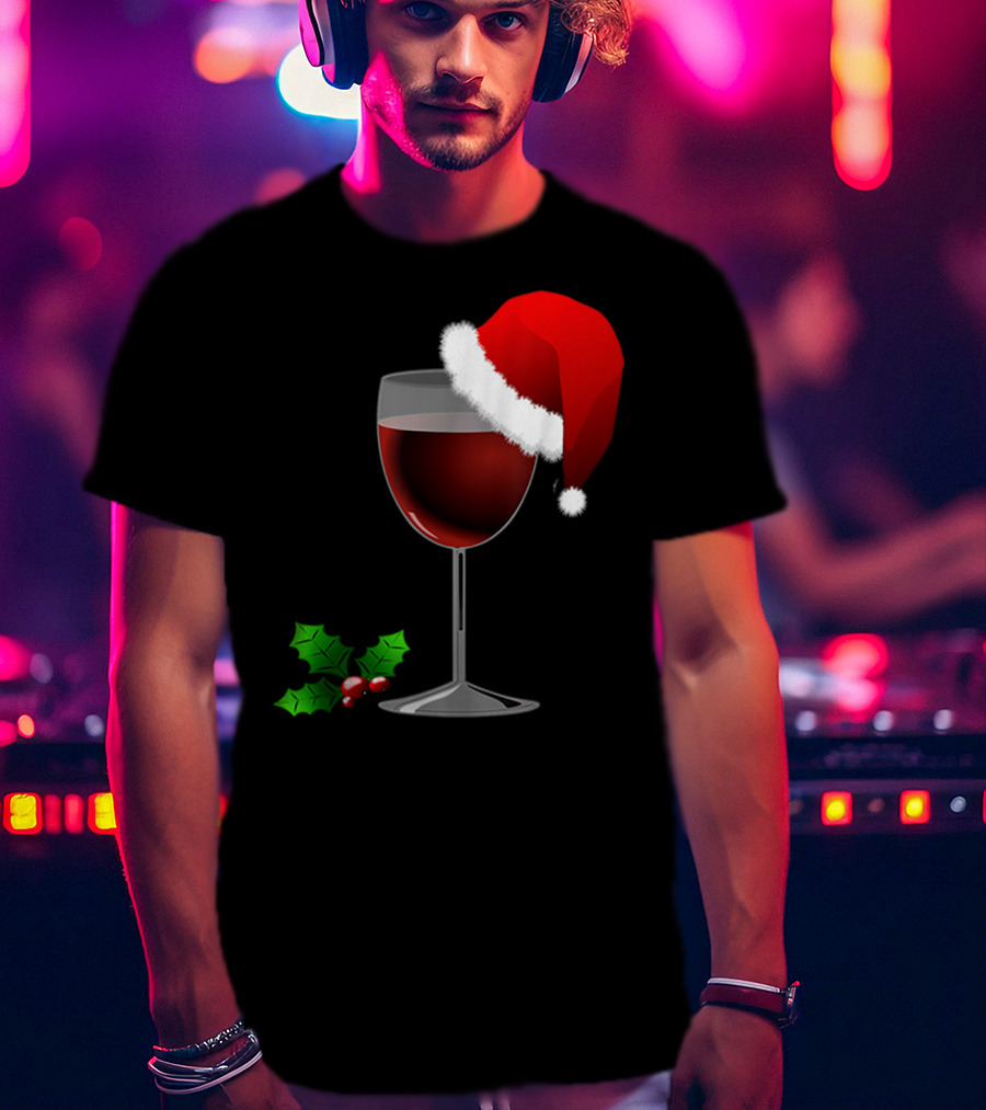 Wine Christmas Santa Hat Holly T-Shirt