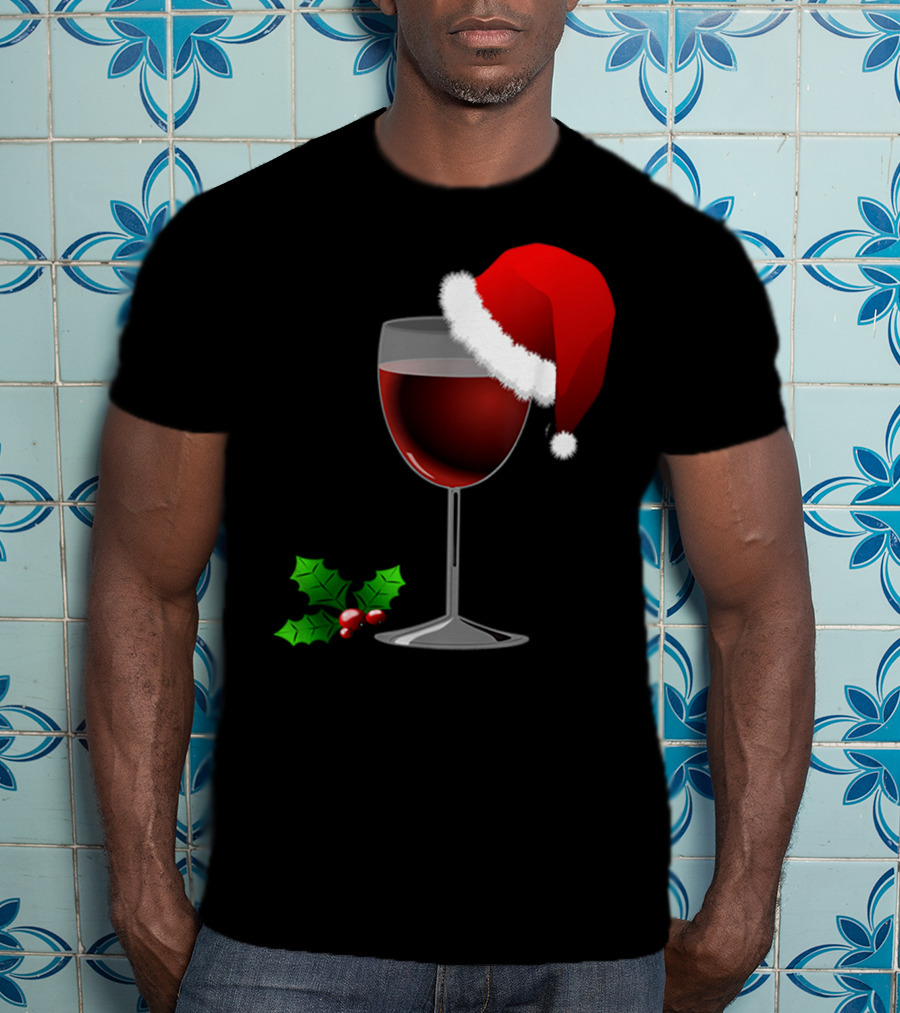 Wine Christmas Santa Hat Holly T-Shirt