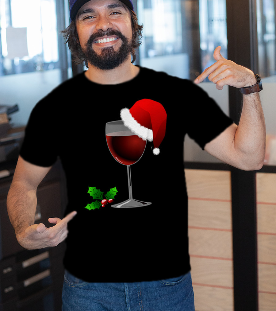 Wine Christmas Santa Hat Holly T-Shirt