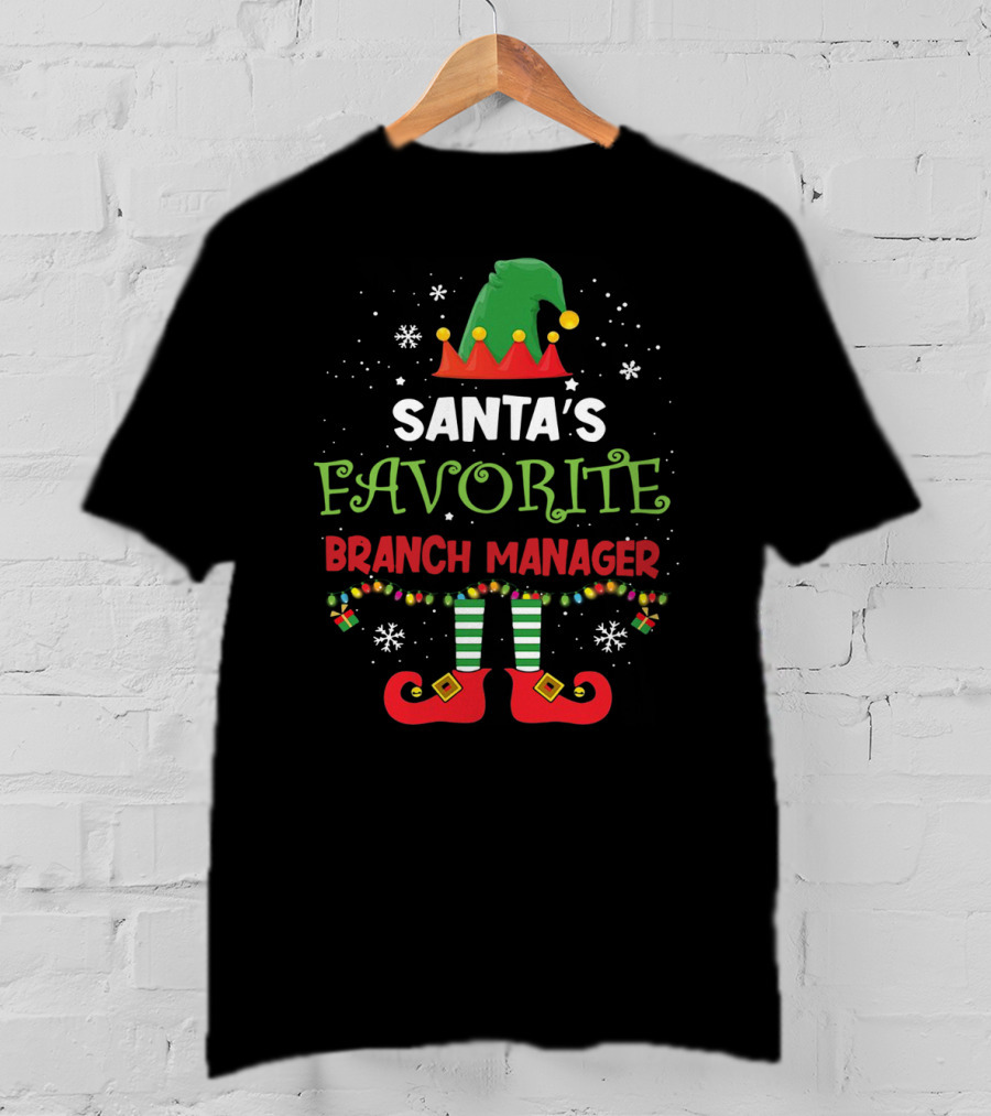 Santa's Favorite Branch Manager Elf Christmas Lights Hat Snowflakes T-Shirt