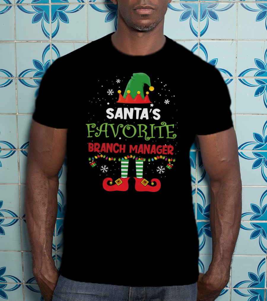 Santa's Favorite Branch Manager Elf Christmas Lights Hat Snowflakes T-Shirt
