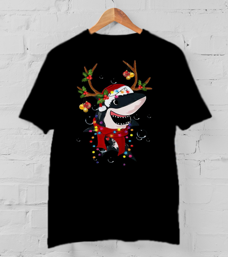 Shark With Christmas Reindeer Antlers And Santa Hat T-Shirt