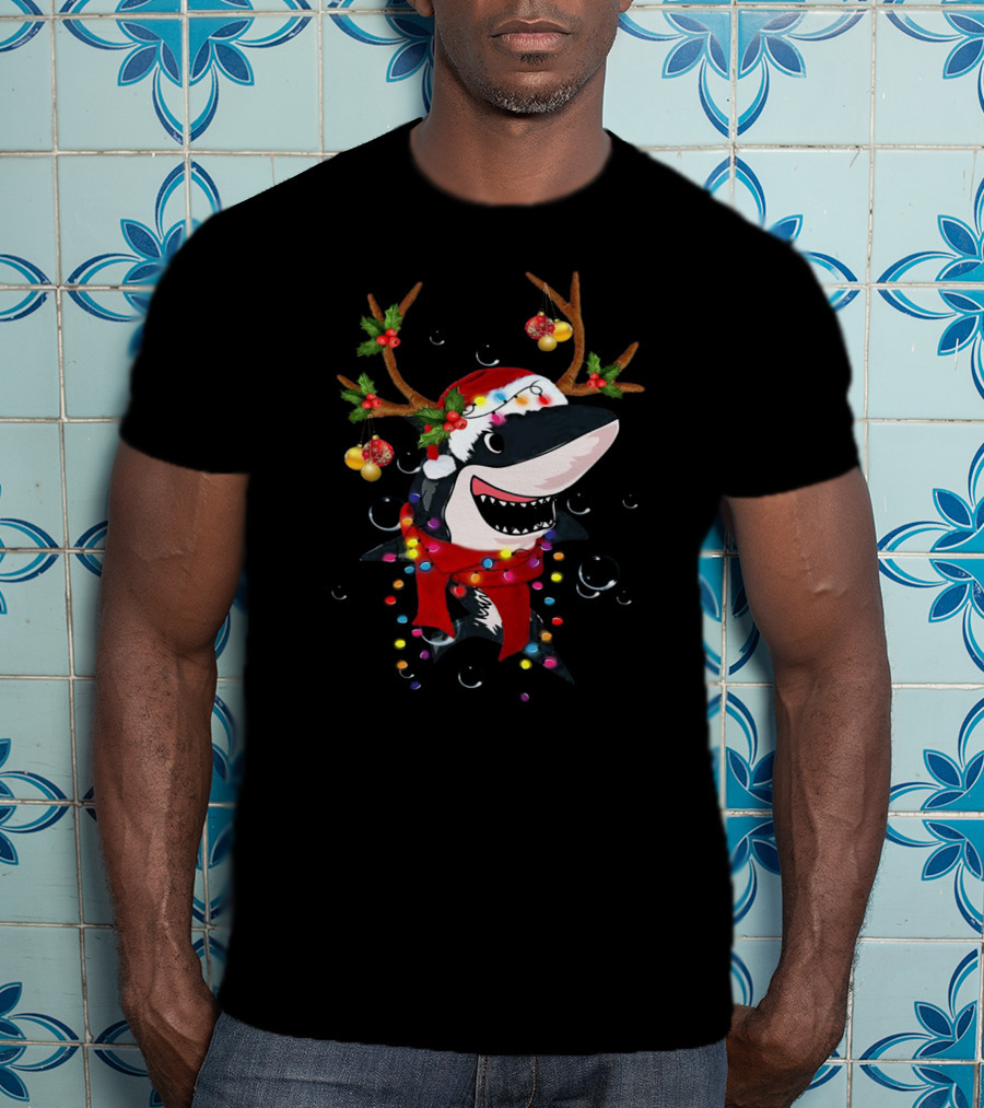 Shark With Christmas Reindeer Antlers And Santa Hat T-Shirt