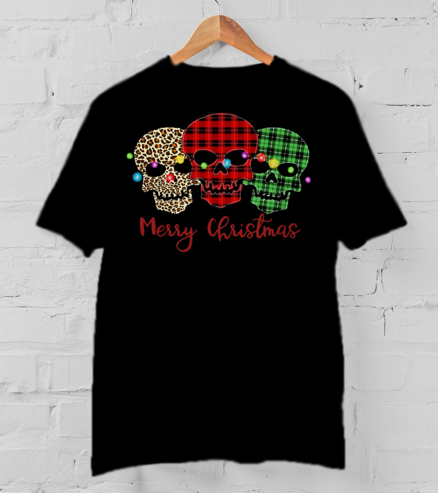 Merry Christmas Skulls Leopard Red Green Plaid Printed T-Shirt