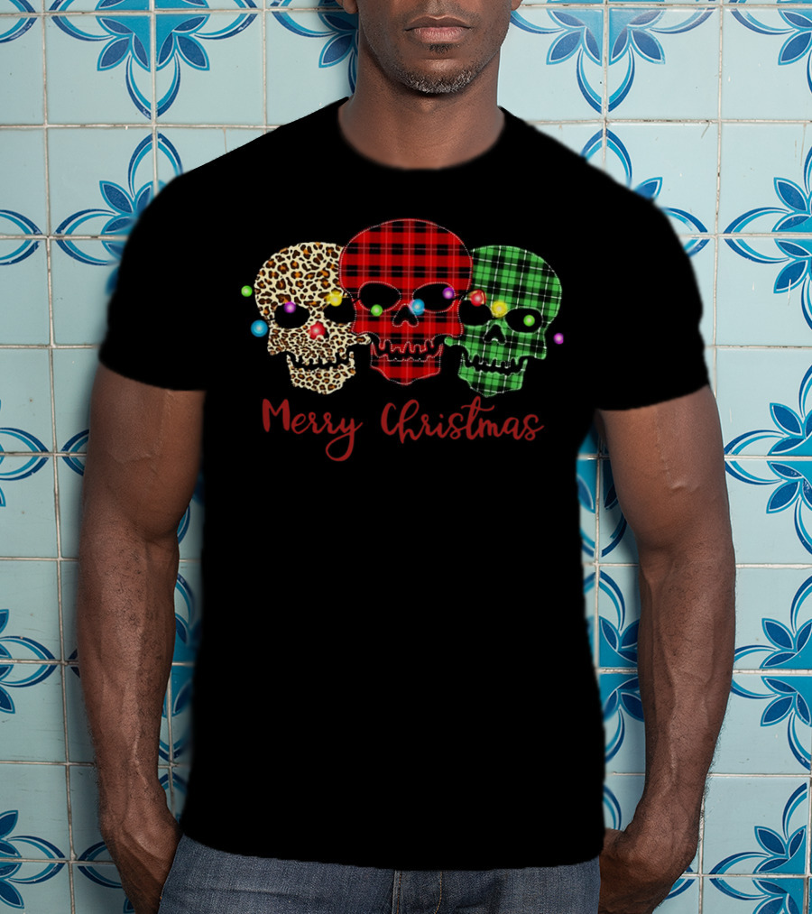 Merry Christmas Skulls Leopard Red Green Plaid Printed T-Shirt