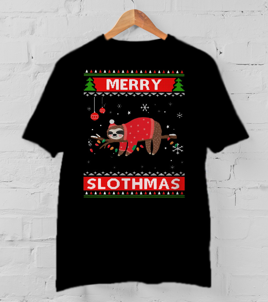 Merry Slothmas Christmas Sloth In Festive Sweater With Trees And Snowflakes T-Shirt