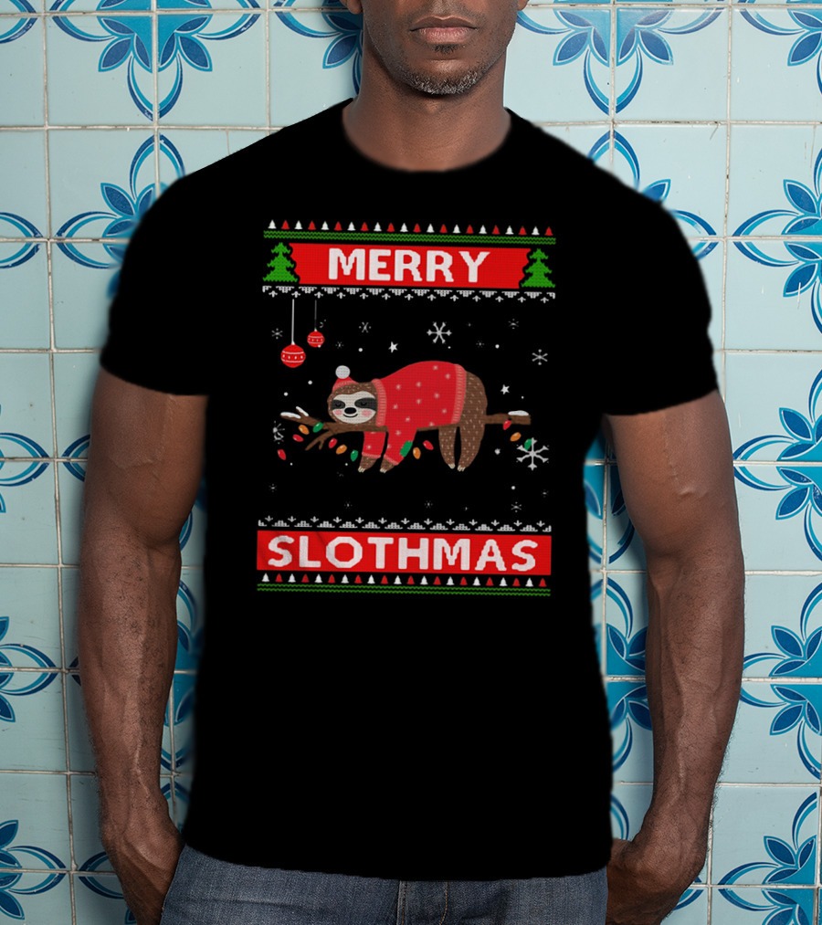 Merry Slothmas Christmas Sloth In Festive Sweater With Trees And Snowflakes T-Shirt