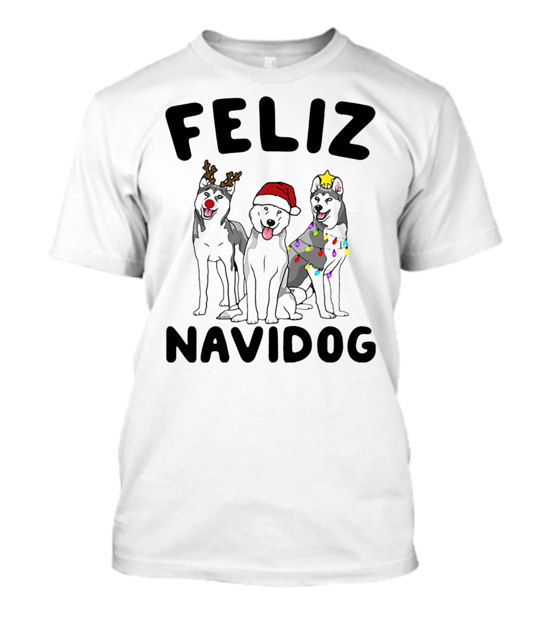Feliz Navidog Husky Reindeer Santa Lights T-Shirt