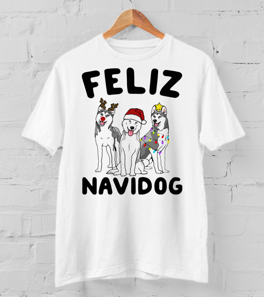 Feliz Navidog Husky Reindeer Santa Lights T-Shirt