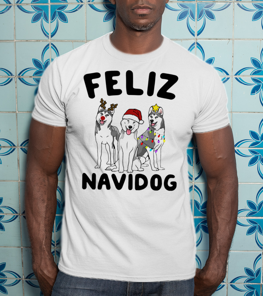 Feliz Navidog Husky Reindeer Santa Lights T-Shirt