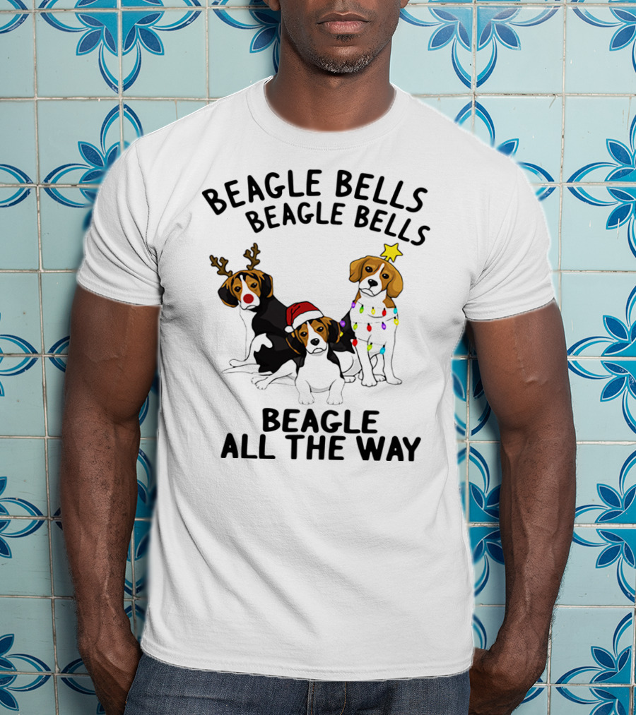 Beagle Bells Beagle All The Way Christmas Theme With Santa Hat And Reindeer Antlers T-Shirt