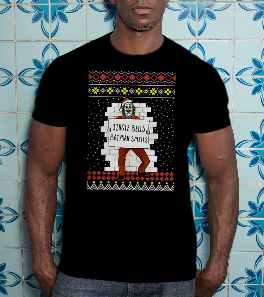 Jingle Bells Batman Smells Joker In Santa Hat Ugly Christmas T-Shirt
