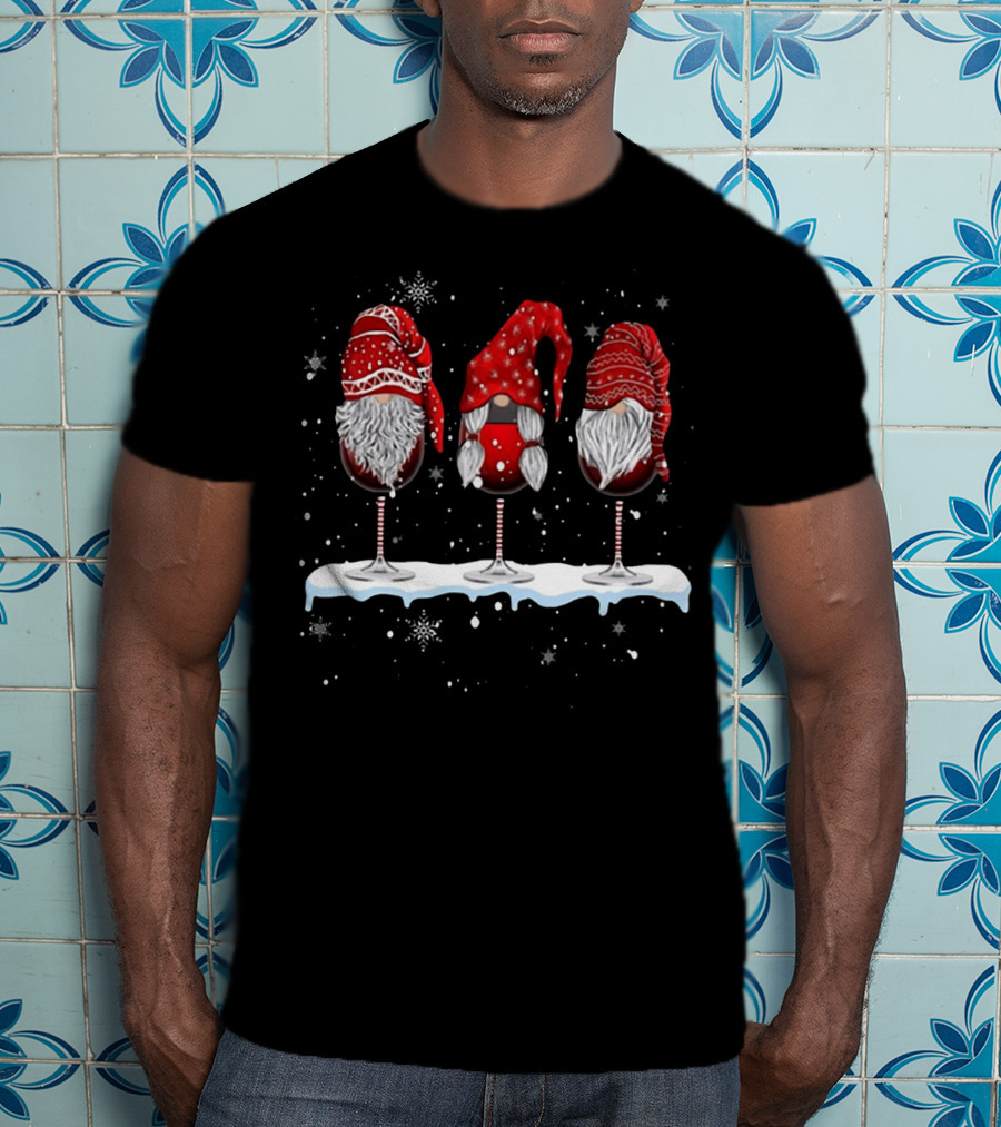 Wine Glasses Gnomies Holiday Snowflakes Gnome Trio T-Shirt