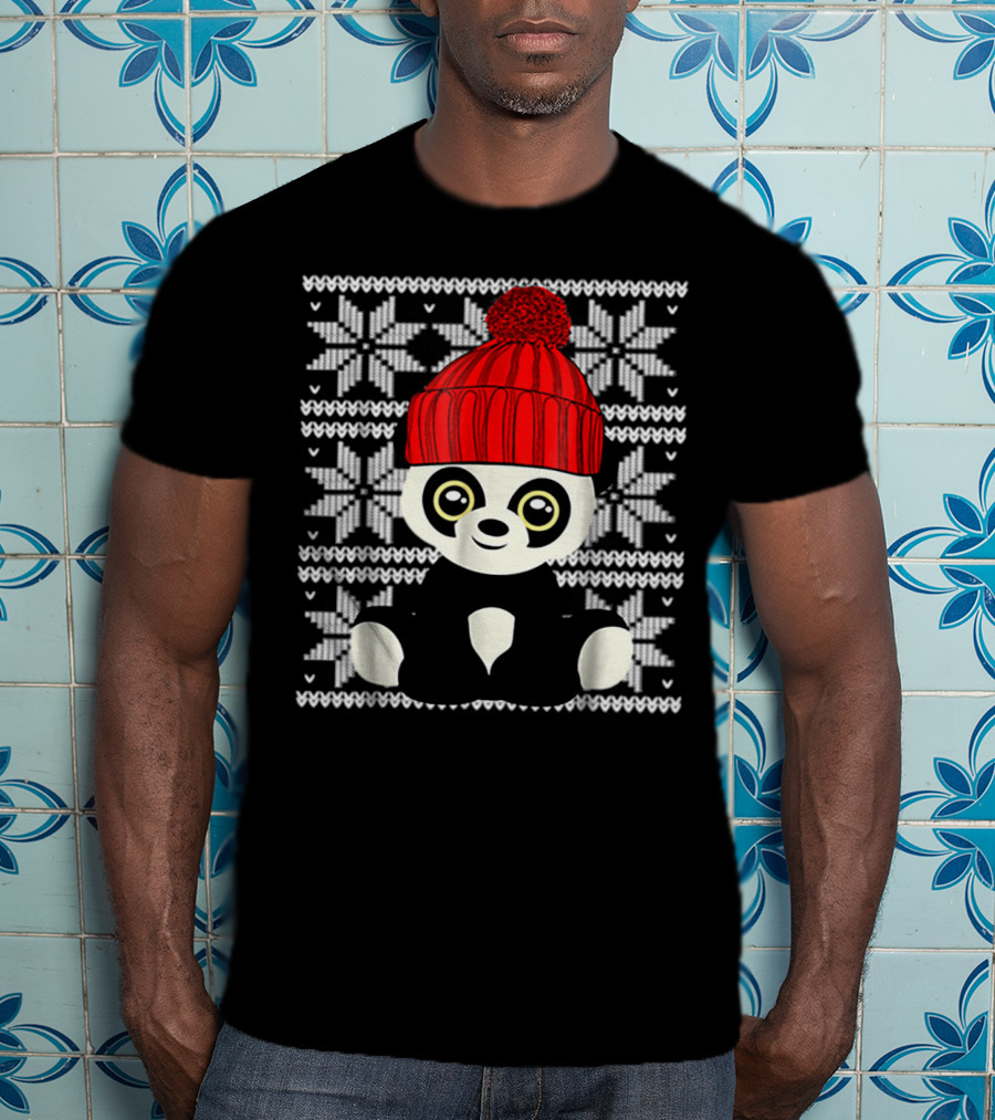 Ugly Sweater Christmas Panda Bear With Red Knit Hat T-Shirt