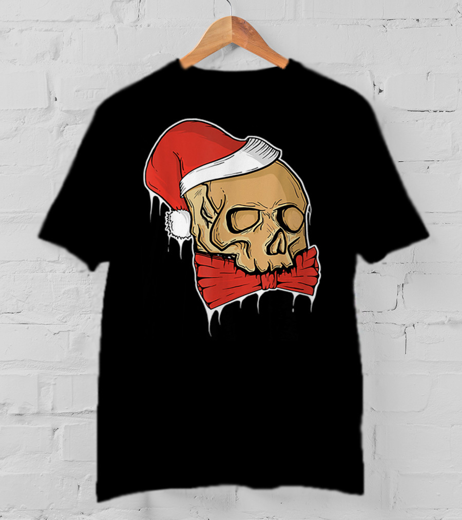 Vintage Skull Christmas Santa Hat Bow T-Shirt