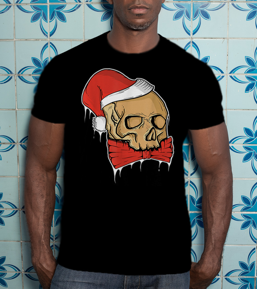 Vintage Skull Christmas Santa Hat Bow T-Shirt