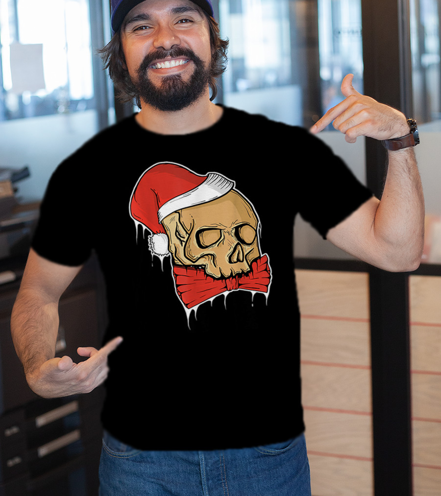 Vintage Skull Christmas Santa Hat Bow T-Shirt