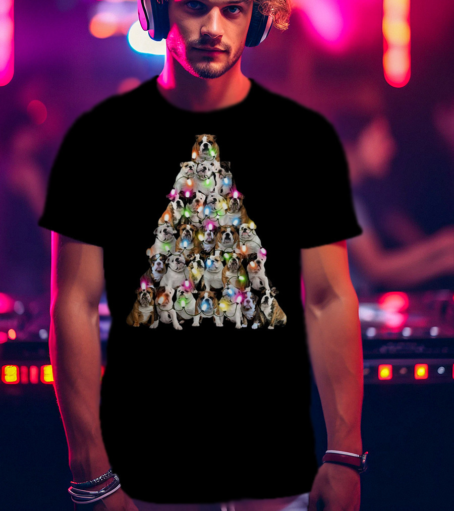 Bulldog Christmas Tree Festive Lights Pyramid T-Shirt
