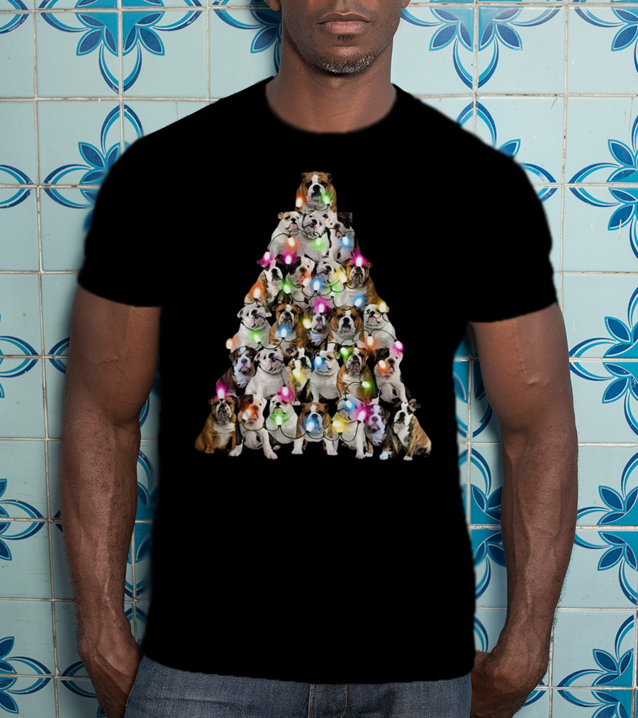 Bulldog Christmas Tree Festive Lights Pyramid T-Shirt