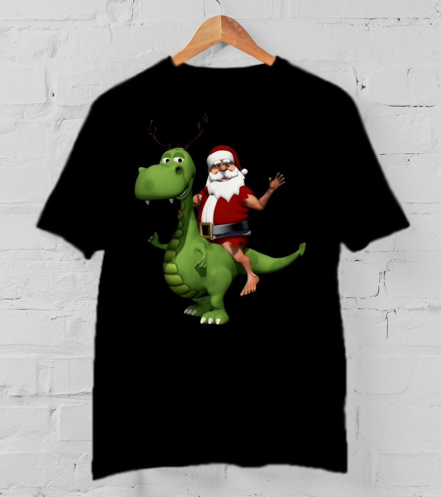 Santa Riding Rex Dinosaur Reindeer Christmas Holiday Fun T-Shirt