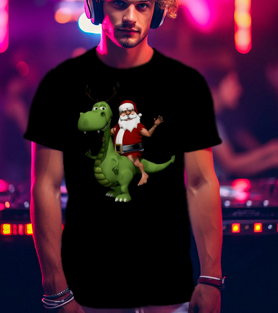 Santa Riding Rex Dinosaur Reindeer Christmas Holiday Fun T-Shirt